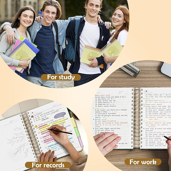 QIYVLOS Hardcover Spiral Notebook, A5 Journal with Removable Dividers Tabs, 5 Subject Notebook College Ruled, 320 Pages 6"x8" Leather Notebooks for Work School Study, Lined Journal for Women, Yellow