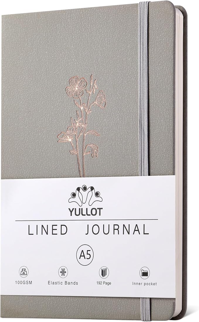 Lined Journal Notebook –A5 PU Leather Hardcover Notebook, 100gsm Thick Bleedproof Paper with Inner Pocket – 192Pages Lined Writing Journal for Students Women Note Taking - Light Gray