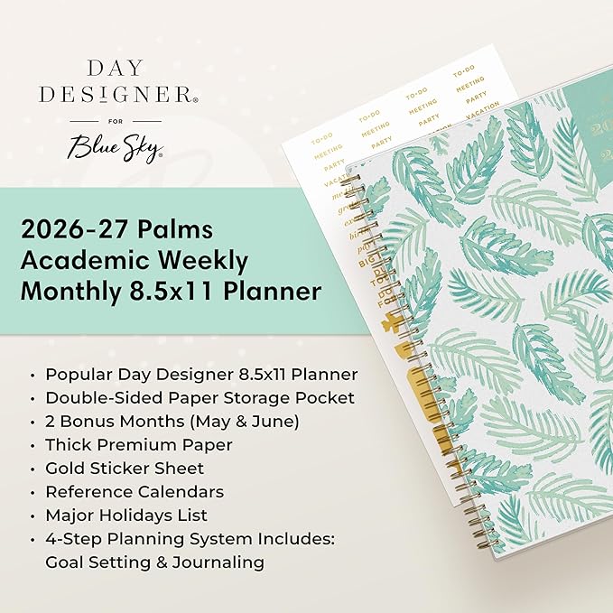 Blue Sky Day Designer 2026-2027 Weekly and Monthly Academic Year Planner Calendar, July 2026 - June 2027, 8.5" x 11", Flexible Cover, Laminated Tabs, Storage Pocket, Includes Stickers, Palms