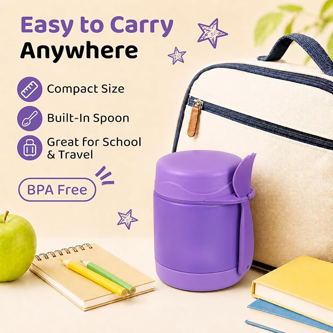 Pawtong10oz Soup Thermo for Hot Food Kids Insulated Food Jar,Thermo Hot Food Lunch Container, Width Mouth Stainless Steel Lunch Box for Kids with Spoon (Purple)