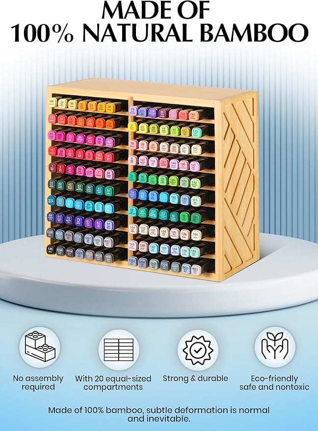 Bamboo Marker Organizer for Desk, Marker Storage Organizer for 140 Markers，Pens, Pencils and Art Brushes，Wooden marker holder for Home, Classroom and Office Decor,Bamboo