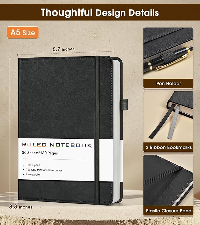 Lined Journal Notebook, A5 Hardcover Leather Journals for Writing, 160 Numbered Pages, 5.7'' x 8.3'' Journaling Notebooks for Men Women, Thick Paper College Ruled Journal for Work Office School, Black