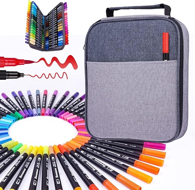 Swemos Markers for Adult Coloring Book, 72 Colors Art Markers Set Dual Tip Brush Pen, Coloring Markers Fine Point Artist Drawing Paintings Diaries Journaling Art projects Art Supplies with Case