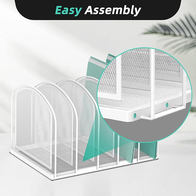 SUPEASY File Organizer 5-Section Mesh Desk Organizer, Upright File Organizer Desktop Organizer File Sorter, File Folder Holder for Office Supplies, White (Pack of 2)