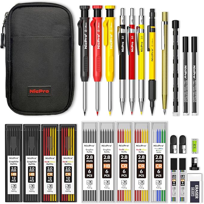 Nicpro 28 Pack Carpenter Pencil Set with Sharpener, Mechanical Carpenter Pencils with 127PCS Refills and Carbide Scribe Tool, Heavy Duty Construction Pencils for Architect Woodworking-With Canvas Case