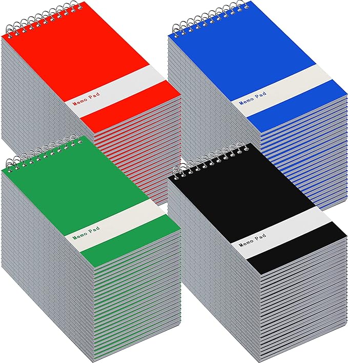 Thenshop 200 Pads Spiral Memo Pads Bulk 3 x 5 Inch Small Pocket Notepad Top Bound Lined 60 Sheets Mini Notebooks for School College Office Home Supplies (Black,Green,Dark Blue,Red)