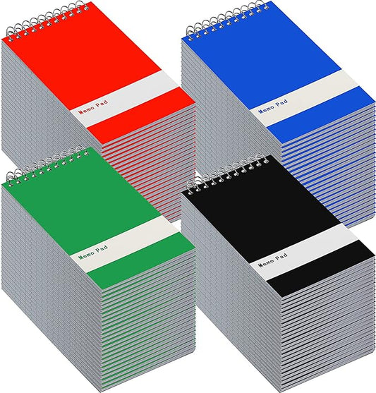 Thenshop 100 Pads Spiral Memo Pads Bulk 3 x 5 Inch Small Pocket Notepad Top Bound Lined 60 Sheets Mini Notebooks for School College Office Home Supplies (Black,Green,Dark Blue,Red)