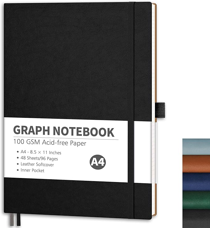 RETTACY Graph Grid Paper Notebook, 96 Pages, A4 Large Size (8.5'' x 11''), 5 Squares per Inch, Leather Softcover, 100 GSM Thick Paper, for School, Students, Math, Engineering (Black)