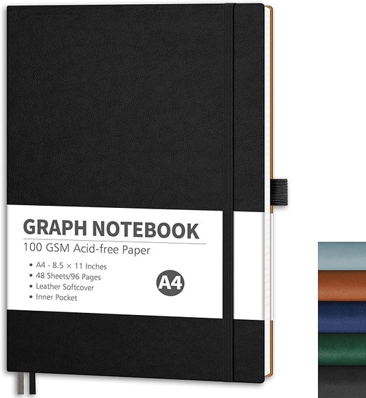 RETTACY Graph Grid Paper Notebook, 96 Pages, A4 Large Size (8.5'' x 11''), 5 Squares per Inch, Leather Softcover, 100 GSM Thick Paper, for School, Students, Math, Engineering (Black)