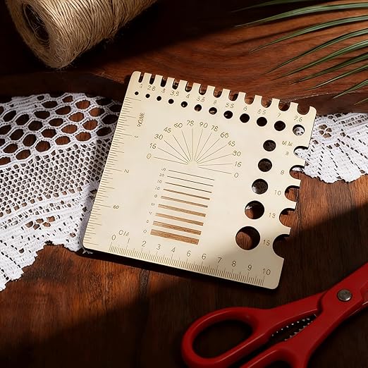4PCS Wooden Knitting Gauge Tools, Stitch Counter Spinner Yarn Measure Tool, 4 Styles Yarn Winding & Needle Size Measure Rulers, Measuring Tool for Crochet & Weaving, Multi-Size Holes for Needles