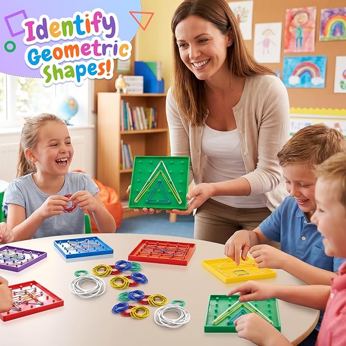 6 Pack Double-Sided Geoboard Mathematical Manipulative Material Array Block Geo Board, Educational Toy for Kids with Rubber Bands and 15pcs Pattern Card, STEM Shape Puzzle Brain Teaser Toy, 5x5 Inch