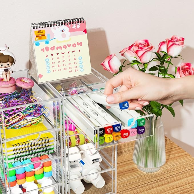 ARSTPEOE 22 Drawers, Acrylic Desk Makeup Organizer, Plastic Drawers Organizer, Stackable Storage Solution for Makeup, Dresser, Office, Bathroom Clear Plastic Craft and Bead Storage Cabinet