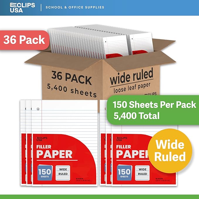 Wide Ruled Loose Leaf Paper Wide Ruled Notebook Paper Lined Writing Filler Paper 10.5” x 8” 56 gsm 5400 Sheets 150 Sheet Per Pack (36 Pack)