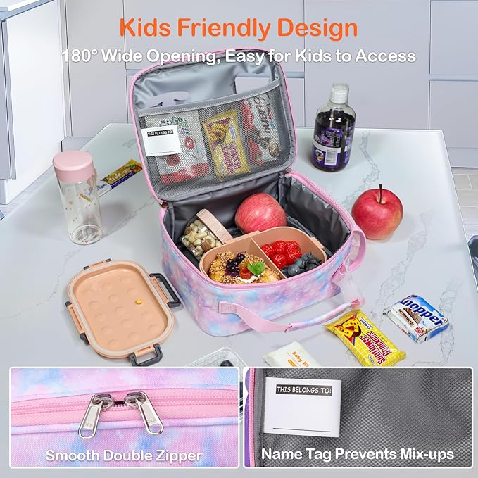 Bagseri Kids Lunch Bag Girls - Thermal Insulated Lunch Box Tote with Water Bottle Holder, Reusable Leak-Proof Kids Lunch Box for Daycare & School, Pink Tie-dye (Containers Not Included)