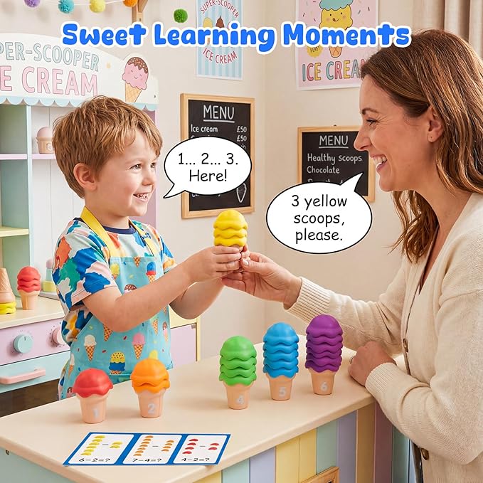 NEOROD Ice Cream Counting Toys for Toddlers 3-5 – Montessori Preschool Learning Set with 42 Scoops & 6 Cones | Color Sorting & Fine Motor Skills Stacker | Educational Math Game & Sensory Toys for Kids