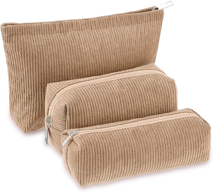 Huhumy 3 Pcs Makeup Bag Set for Women Corduroy Cosmetic Pouch Aesthetic Smile Travel Toiletry Bag Cute Purse Pouch Pencil Case Makeup Brushes Storage Organizer with Zipper(Khaki,Solid Style)
