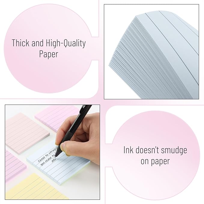 Mr. Pen- Lined Sticky Notes, 3" x 3", 6 Pads, 45 Sheets/Pad, Pastel Color, Sticky Notes with Lines, Ruled Post Stickies, Memo Pads, Self-Stick Note Pad for Office, School, Home, Study