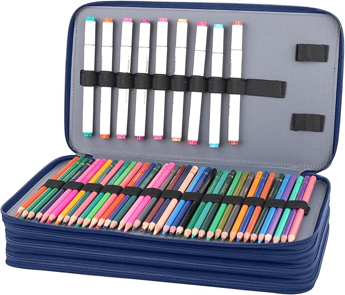 Vomgomfom 300 Slots Marker Bag, 4-Layer Zipper Portable Art Supply Organizer, PU Leather Large Capacity Marker Case Holds 100 Markers or 300 Colored Pencils with Handle (Blue Rose)