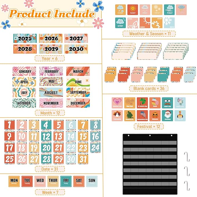Classroom Calendar Pocket Chart – Boho Retro Groovy Bulletin Board Set with 103 Cards for Preschool, School Schedule, Teacher Must Haves, Kids Class Decor, Back to School