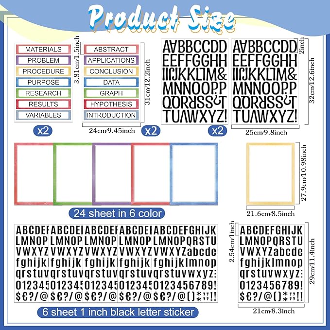 PerKoop 36 Sheets Science Fair Board Poster Boards Supplies 24 Self Adhesive Presentation Subtitles 4 Science Fair Project Titles 8 Personalized Letter Sticker for Classroom(Water Color)