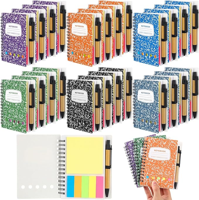 Dunzoom 24 Sets Spiral Notebook Bulk, Steno Pads Lined Notepad with Pen, Sticky Notes Colored Index Tabs, 5.2" x 4.1" Pocket Notebook for Home Business Office Supplies, 60 Sheets (Multicolor)