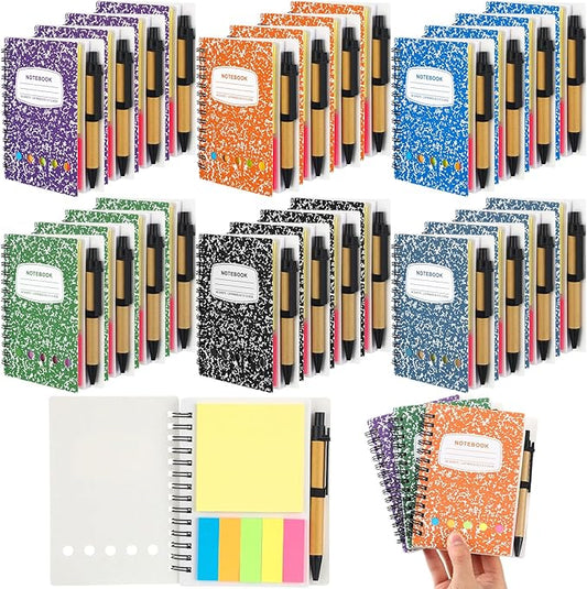 Dunzoom 24 Sets Spiral Notebook Bulk, Steno Pads Lined Notepad with Pen, Sticky Notes Colored Index Tabs, 5.2" x 4.1" Pocket Notebook for Home Business Office Supplies, 60 Sheets (Multicolor)