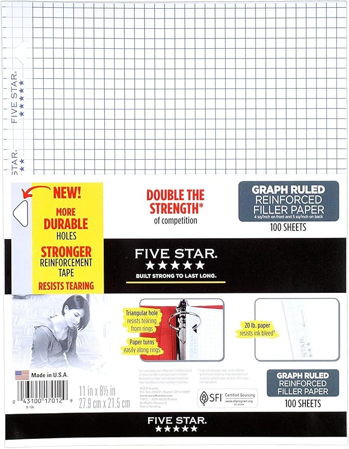 Five Star Filler Paper, Graph aZcbu Ruled, Reinforced, Loose-Leaf, 11 x 8 1/2" Sheet Size, 100 Sheets (2 Pack)