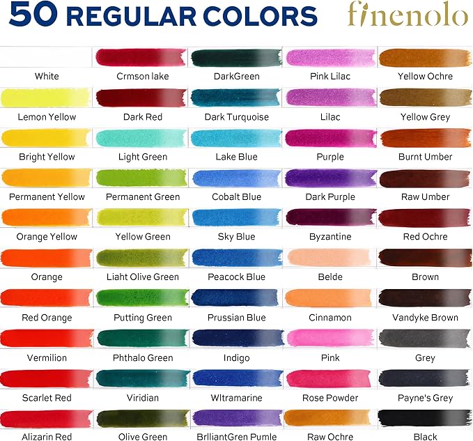 Finenolo 50 Colors Watercolor Paint Set with 8 Brushes (Water Brush + Detail Brushes), Mixing Palettes & Complete Accessories, Perfect for Beginners,Great for Outdoor Sketching, Painting Creation, Holiday Gifts