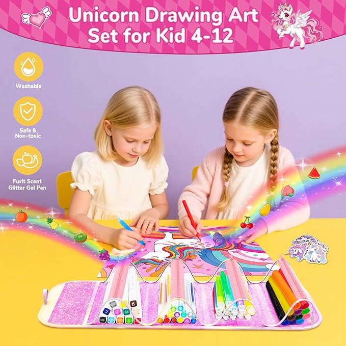 70 PCS Unicorn Arts and Crafts for Girls Ages 4-6-8, Art Supplies Set with 3D Rainbow Glitter Pencil Case, Washable Dual Markers, Scented Gel Pens, Twist-up Crayons & Unicorn Stickers, Birthday Gift