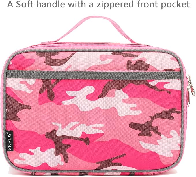 FlowFly Kids Lunch box Insulated Soft Bag Mini Cooler Back to School Thermal Meal Tote Kit for Girls, Boys, PinkCamo