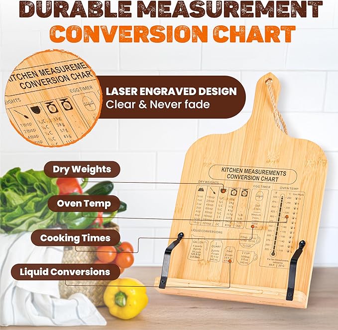 [Upgraded] Adjustable Bamboo Cookbook Stand with 7-Angles, Conversion Chart, Page Grips, Recipe Cookbook Holder for Kitchen Counter, Kitchen Book Stand for Cookbook, Textbook, Tablet, Gift for Women