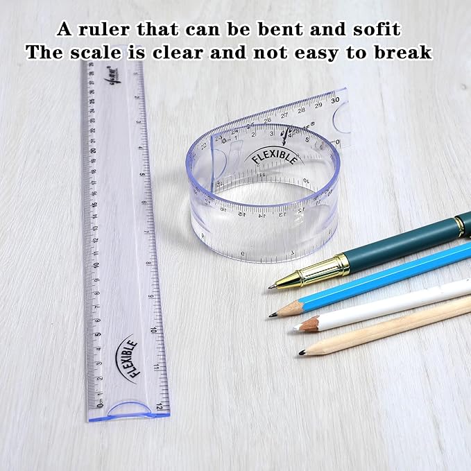 Grevosea 2 PCS Flexible Ruler, 12 Inch Clear Plastic Ruler Soft Bendable Rulers with Centimeters and Inches for Kids and Adults School Classroom Office Supplies