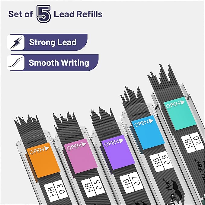 Mr. Pen- Pastel Mechanical Pencil Set, 5 Mechanical Pencils (0.3, 0.5, 0.7, 0.9, 2.0mm), 5 HB Lead Refills & 10 Eraser Refills, Precision Drawing Pencils for Sketching, Writing & Artwork