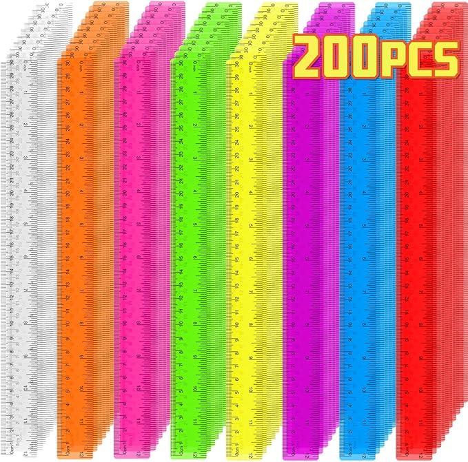 200 Pack Clear Plastic Rulers 12 Inch, Rulers Bulk for Classroom, Transparent Assorted Color Rulers with Inches & Centimeters, School Supplies for Students & Teachers, Back to School Essentials