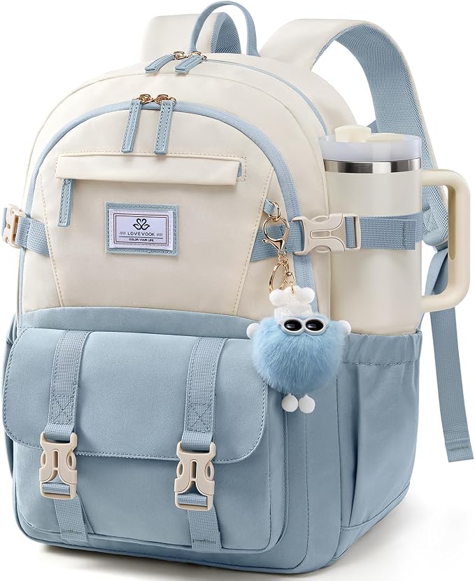LOVEVOOK School Backpack for Teen Girls, Bookbag for 8-16 Student, Middle High College Back to School Cute Kids Backpack, 15.6 Inch, Sky blue-beige