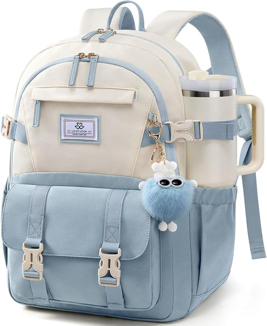 LOVEVOOK School Backpack for Teen Girls, Bookbag for 8-16 Student, Middle High College Back to School Cute Kids Backpack, 15.6 Inch, Sky blue-beige