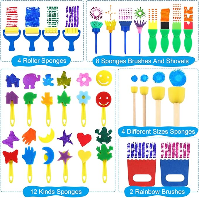 64 Pack Washable Paint Set, 12 Colors Non Toxic Finger Paints with Sponges, Paint Brushes, Waterproof Paint Smock, Palettes, Cards, Storage Box for Art, Crafts, Children Age 12+ and Adults(2 oz Each)