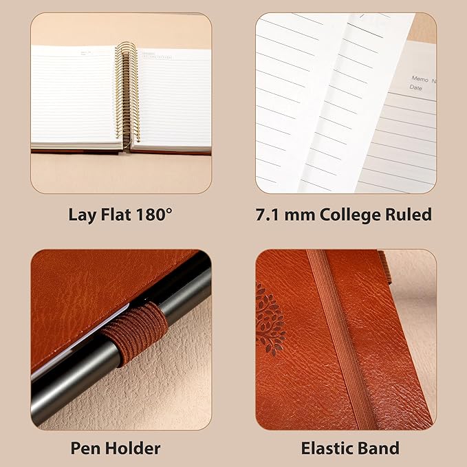 Yoment Hardcover Spiral Notebook 8.5" x 11" Leather 5 Subject Notebook College Ruled with Dividers Tabs 300 Pages Large Spiral Journal Notebooks for Work School Note-Taking Business, Brown
