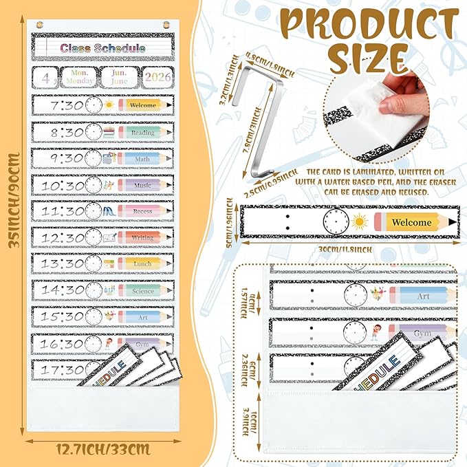 Daily Schedule Pocket Chart, 13+1 Pocket, with 77 Pcs Reusable Dry Eraser Cards Calendar Schedule Chart for Toddler Classroom Office Home Preschool Activity