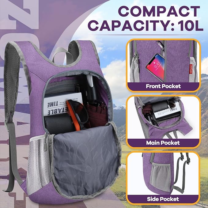 ZOMAKE Lightweight Packable Backpack, 10L Small Foldable Daypack for Hiking | Water Resistant Collapsible Backpacks for Women Men,Everyday Carry,Multi Compartment Storage,Adjustable Strap(Light PurpleA1)