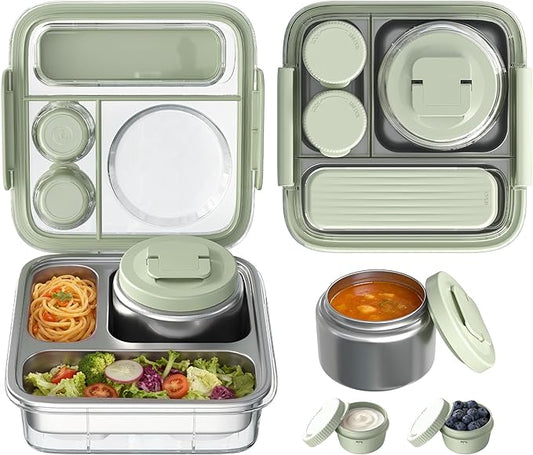 Stainless Steel Bento Lunch Box for Kids Adults with 8oz Insulated Food Jar, Leak-proof, Dishwasher-Safe, Transparent Lid with Sauce Cup and Cutlery Storage for School & Travel,BPA-Free(Green)