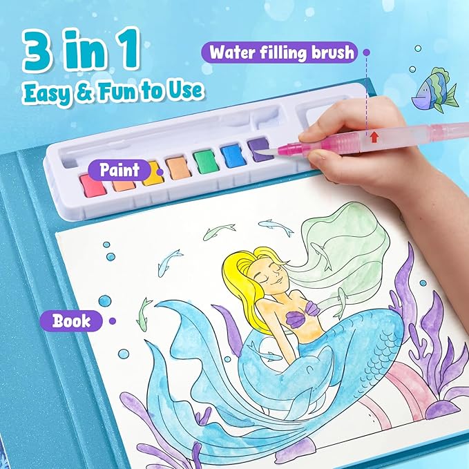 JoyCat Paint with Water Coloring Books for Toddlers, Watercolor Painting Sets for Kids Ages 3-5 4-8, Arts and Crafts Drawing Activities Toy Birthday Gifts for Boys Girls (Ocean Princess)