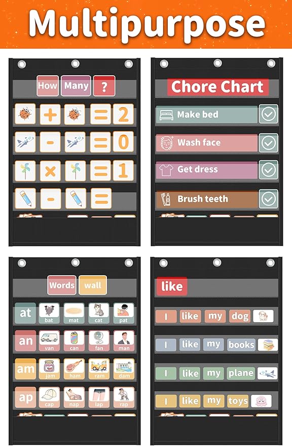 Yoink 5+1 Standard Pocket Chart, Clear 5 Pockets with 1 Extra Storage Pocket for Classroom, Word Wall and Sentence Strips Hanging Chart for Vocabulary Learning, Teacher Supplies(Black)