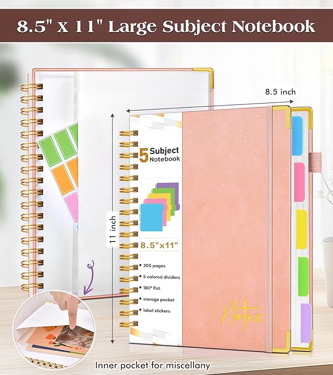Spiral Notebook Journal with Removable Dividers Tabs, 300 Pages Hardcover Leather 5 Subject College Ruled Notebook, 8.5"x11" Large A4 Lined Journal for Women Men, Spiral Notebook for Work School, Pink