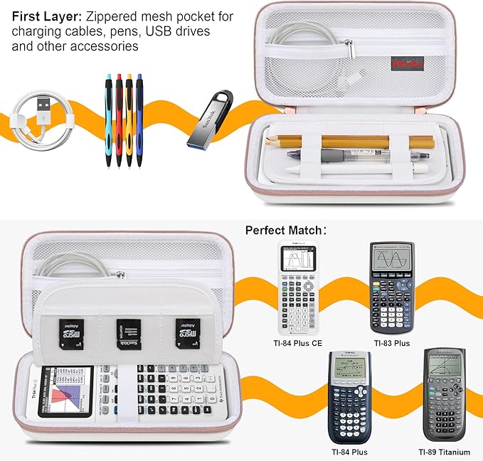 Elonbo Carrying Case for Texas Instruments TI-84 Evo/TI-84 Plus CE Evo Graphing Calculator, Extra Mesh Pocket Fits Charging Cable Charger Manual, White