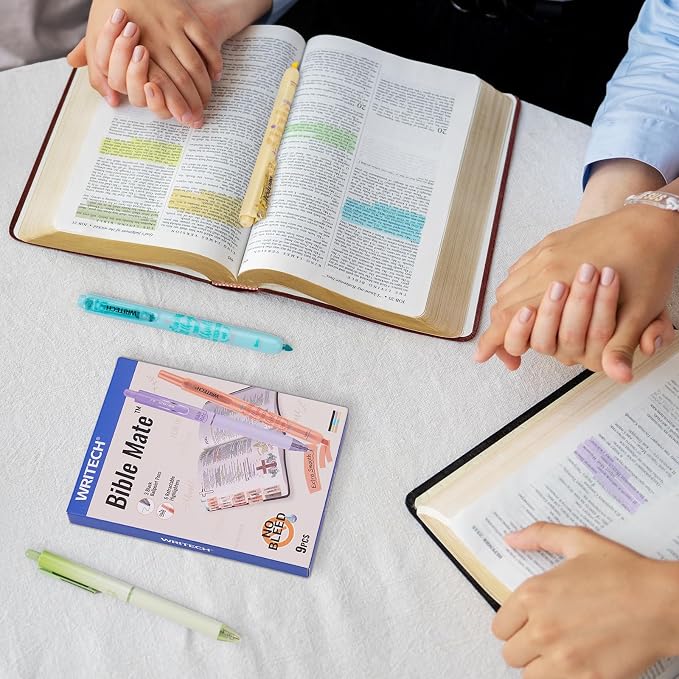 WRITECH Bible Mate Journaling Set: Highlighters & 0.7mm Ballpoint Pens 9ct | No Bleed Bible-Safe Highlighters + Black Ballpoint Pens Pastel Colors Quick Dry Ink Teachers Nurses Office
