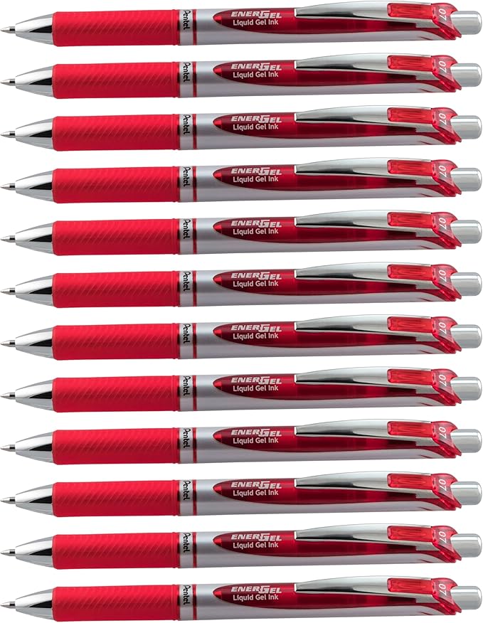 Pentel EnerGel RTX Liquid Gel Pen (0.7mm), Metal Tip, Red Ink, Box of 12 (BL77-B)