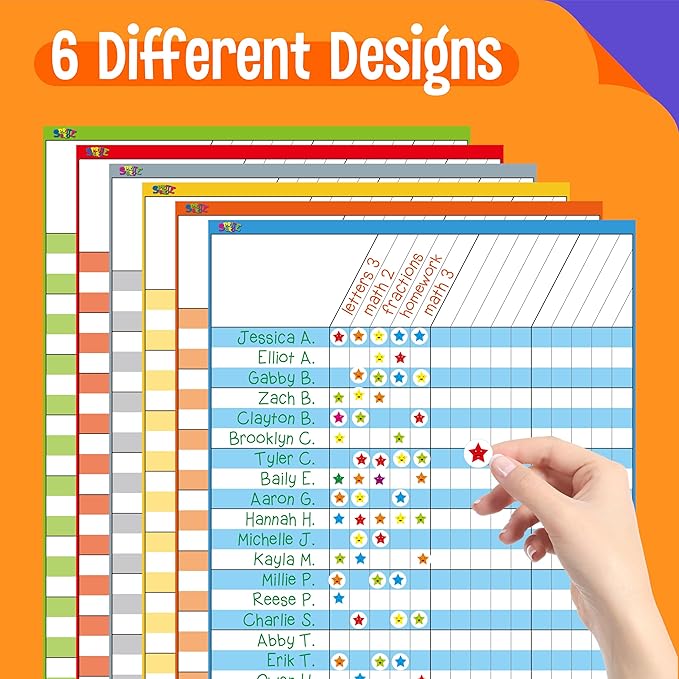 6 Pack Dry Erase Incentive Chart, 6 Multi-Color Tracking Chart with 1056 Reward Stars for Chore/Responsibility/School Attendance/Homework Progress Tracking, 27 Rows X 15 Columns (11" x 17")