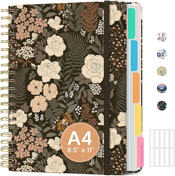 Large Lined Spiral Journal for Women Cute Hardcover 5 Subject Notebook for Work 8.5" x 11" with Removable Dividers & Tabs, College Ruled, 280 Pages Aesthetic Journal for Work, School & Note Taking, Wild Rose