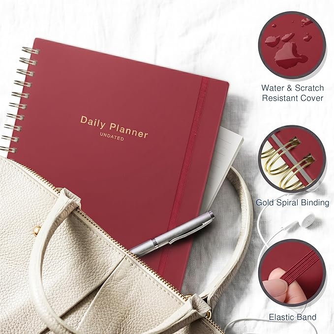 AuroPlanner Undated Daily Planner To Do List Hourly Schedule 2028 2027 2026 Calendar & Holiday Habit Tracker 180 Pages Letter Size 8.5" x 11" Sheets Hardcover Spiral Bound Notebook (Red)